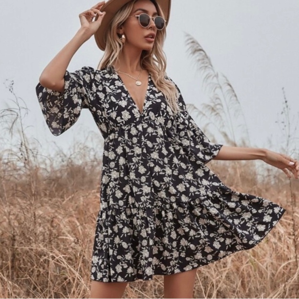 Bell Sleeve Floral Boho Mini Dress